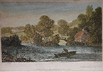 Pearlware saucer printed underglaze in blue. Design based on print entitled “Nuneham Courtenay, Bridge and Cottage” by S. Owen and published in 1811. Continuous repeating floral border of wild roses. This pattern was used by most major and many minor potteries in the second quarter of the nineteenth century (Coysh and Henrywood 1982, 1989). This design, although based on a print of an actual location, is a better fit in the Pastoral category, for its rural location and fishing theme.